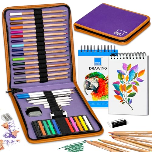 COLOUR BLOCK 40-Piece Drawing Travel Art Set Portable Sketch and Drawing Art Kit with 16 Colored Pencils 12 Soft Pastels 2 Sketching Pencils 8 Tools Pad Zip Case for Beginners Artists Adults