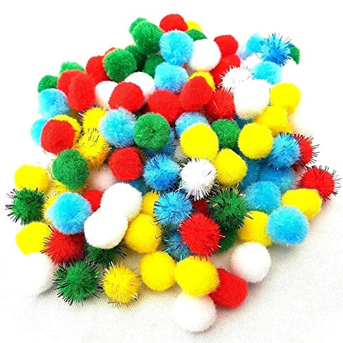 D.A.Y. Republic 140 Pieces Assorted 17-20mm Wooly Pom Poms Fluffy Plain and Glitter Felt Balls Pompoms for Sewing DIY Garland Craft Making and Decorations Kit, 2 Sizes 5 Colours