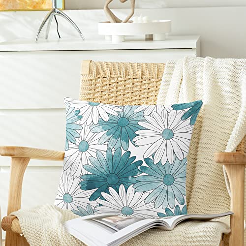 Calitime Throw Pillow Cases Pack Of 2 Cozy Fleece Two-Tone Blooming Daisy Flower Decorative Cushion Covers For Couch Bed Sofa Farmhouse Decoration 18 X 18 Inches Teal Grey #TOP2