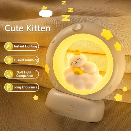 Image of Glass Space Kitty LED Night Light for Kids, Nursery Night Light, Table Lamp, Animal Kitty Bedside Decor Lamp with Dimmable for Gifts for Girls Baby Cat Lovers (Cat), White & Yellow