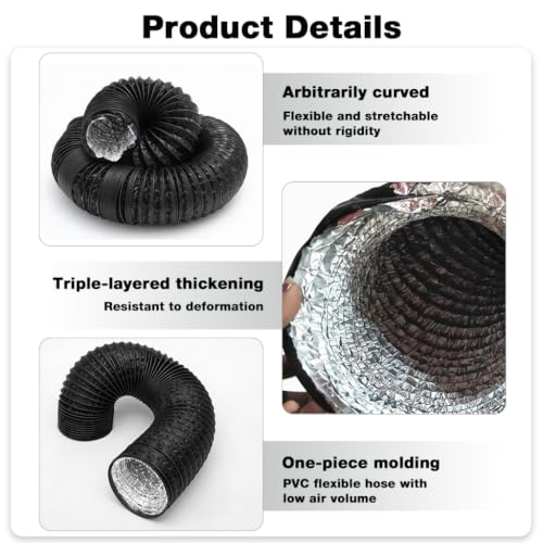 Image of HASTHIP 6 Inch 9.8 Feet Chimney Exhaust Pipe - Flexible Insulated Air Ducting Expandable Dryer Vent Hose with Free Hose Clamps Air Ducting for HVAC Ventilation, Black