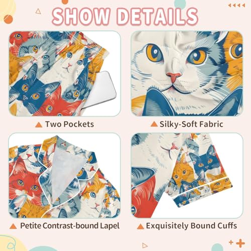 senya Cats in Bold Colors Satin Summer Pajama Sets Silk Short Sleeve Button Down Sleepwear3