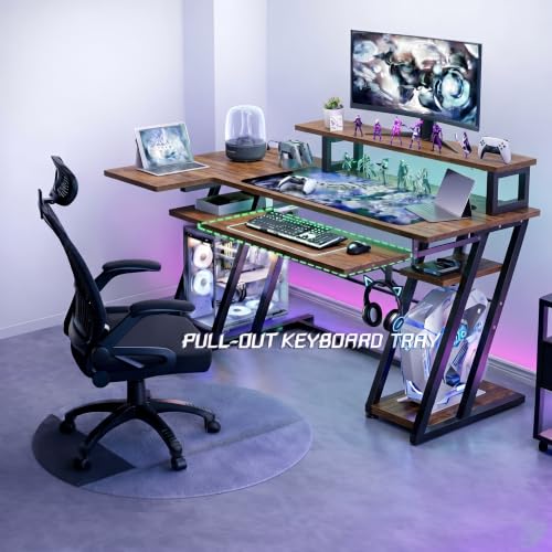 Image of Gaming Desk with Monitor Stand | Computer Table for Home & Office | Ergonomic Study Table with Keyboard Tray CPU Stand & Headphone Hook (Brown) |120x60x90 cm