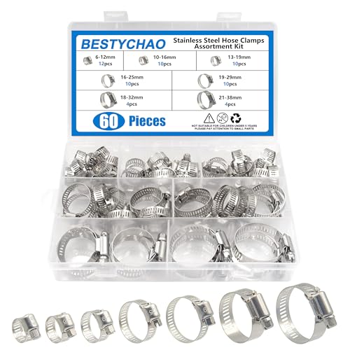 BESTYCHAO Lot de 60 colliers de serrage en acier inoxydable assortis 7 gammes réglables de 6 à 38 mm pour plomberie, automobile et mécanique