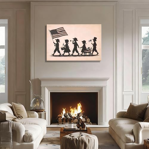 Image of RIBNTAK Vintage Kids Patriotic Parade Wall Art for Kids Room, American Flag Silhouette Poster for Home Office Decor, 4th of July Pictures Wall Decor, Unique Independence Day Canvas Prints