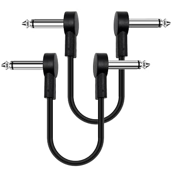 2 Pack 12 Inch Black Guitar Patch Cables - 1/4" TS Right Angle Flat Cable, Noise Free and Long-Lasting for Effect Pedal Board