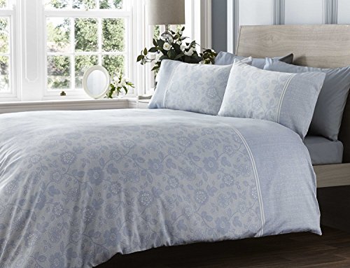 Eleanor James Sateen Blue & Cream Lola Lace Floral Print Double Duvet Cover Bed Set - 300 Thread Count Percale