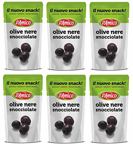 6 x D'Amico Il Nuovo Snack Olive Nere Snocciolate azeitonas pretas sem líquido 75 g
