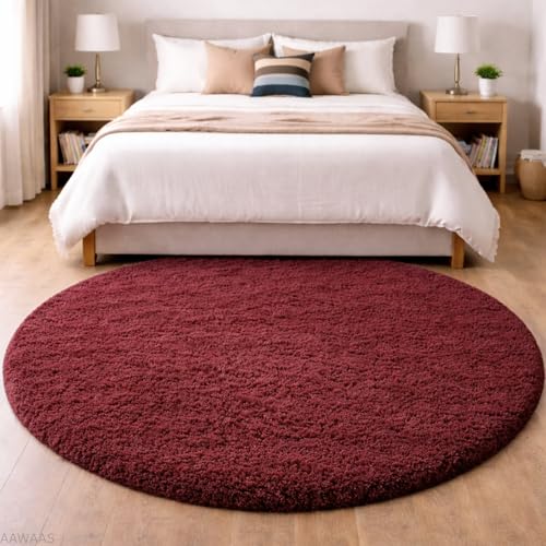 Image of Premium Polyester Shaggy Round Rug - Ultra Soft Fluffy Circle Carpet for Bedroom, Living Room, Kids Room, Anti-Skid Plush Floor Rug - (Maroon, 6 feet|180cm)