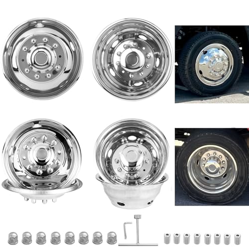 Image of 19.5 inch Anti Rust Polished Stainless Steel Dually Wheel Simulator Set, Fits Dodge Ram 4500 /5500 2012-2025 - Durable and Attractive - Bolt-On Hubcaps, 10 Lug, 5 Hand Hole Design - with Tools