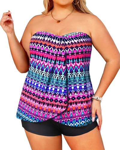 Image of Plus Size Bandeau Tankini 2 Piece Halter Swimsuit with Shorts | Flyaway,Quick Dry,Strapless,Removable Cups,High Waisted Short