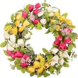 wwmira 22 Inch Easter Wreath for Front Door, Tulip Wreaths with Eucalyptus, Spring Wreath Decor for Porch Wall Indoor Outdoor, Pink White Yellow Floral Home Decor