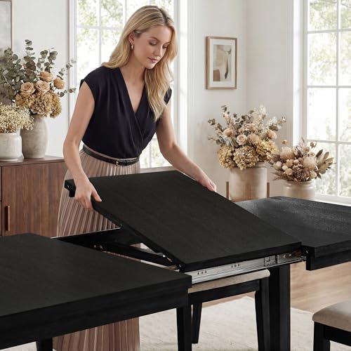 60"-80" Extendable Dining Table, Modern Rectangular Wood Kitchen Table, Farmhouse Expandable Dinner Table, Traditional Large Extension Meeting Desk for Dining Room, Living Room, Black - Image 4