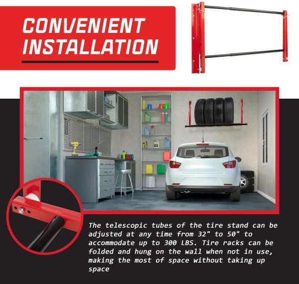 Adjustable Wall-Mounted Tire Rack (32-50in) - 300lb Capacity - Garage Storage by Stalwart