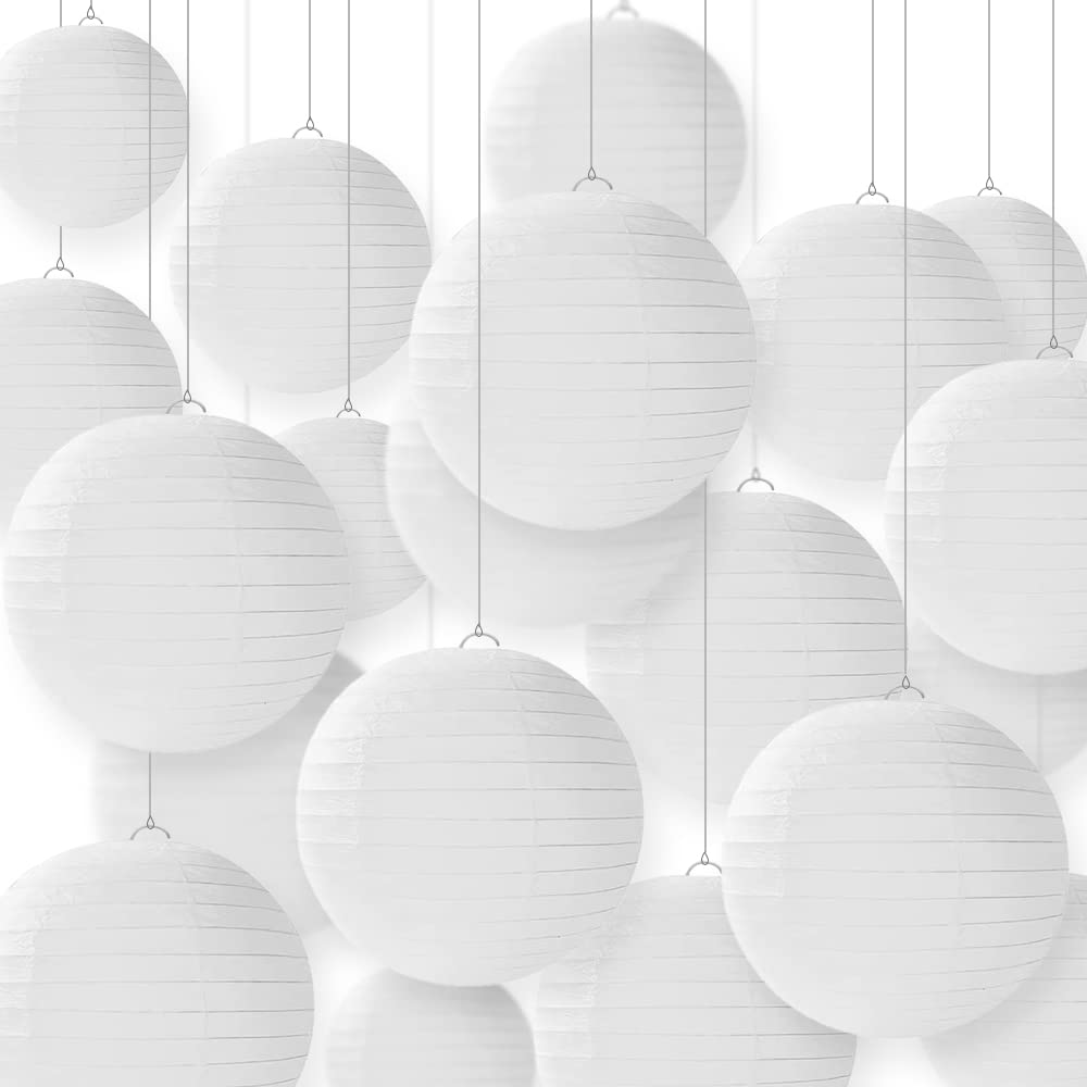 Newthinking White-20 20Pcs Hanging Paper Lanterns, 6" 8" 10" 12" Round White Paper Lantern Decorations With Hanging Line For Weddings Decoration, Indoor And Garden Party Decoration