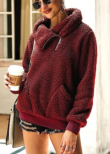 KIRUNDO Sherpa Pullover Womens Fleece Zip Sweatshirt Fall(Wine Red, XL) - image 3