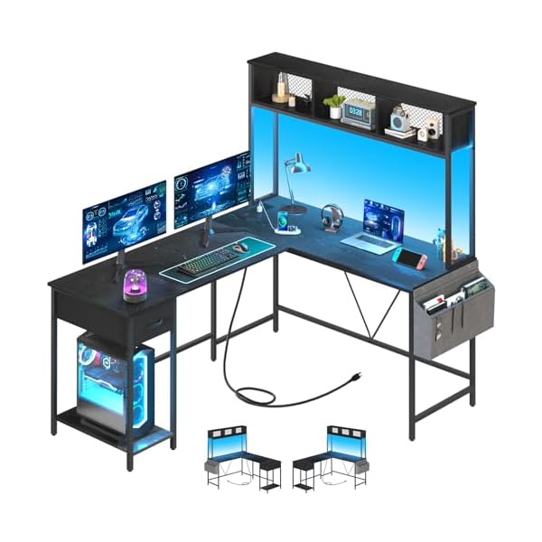 Yoobure L Shaped Desk Gaming Desk with LED Strip & Power Outlet, Reversible L-Shaped Computer Desk with Storage Shelf & Drawer, Corner Desk with Storage Bag, 2 Person Home Office Desk, Black