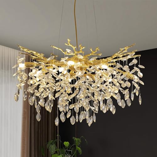 ZenithBeam Dorada LáMpara De Araña Colgante De Cristal,Forma De La Rama Moderna Chandelier Aluminio Para Dormitorio,10 G9 Luces Lampara Colgante Para Mesa De Comedor Cocina Sala De Estar,D60Cm