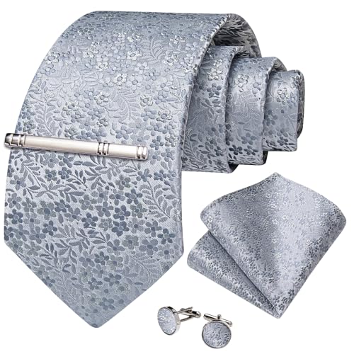 Image of DiBanGu Silk Floral Ties for Men Woven Paisley Necktie and Tie Clip Handkerchief Cufflinks Set for Party Wedding