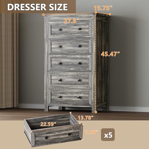 Image of BORNOON Tall 5-Drawer Dresser, Modern Wooden Storage Chest of Drawers, Dresser TV Stand, Wood Drawer Organizer with Metal Handles for Bedroom, Living Room, Hallway