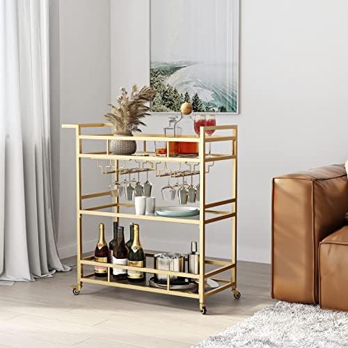 LORMITER Gold Bar Carts with 3 Tier Glass Shelves, Rolling Serving Bar Cart with Wine Rack and Glass Holder, Home Bar Carts & Wine Carts on Wheels for Kitchen, Indoor & Outdoor