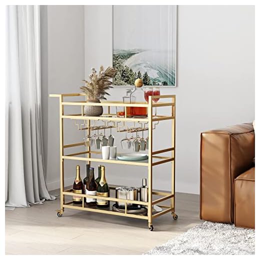 LORMITER Gold Bar Carts with 3 Tier Glass Shelves, Rolling Serving Bar Cart with Wine Rack and Glass Holder, Home Bar Carts & Wine Carts on Wheels for Kitchen, Indoor & Outdoor