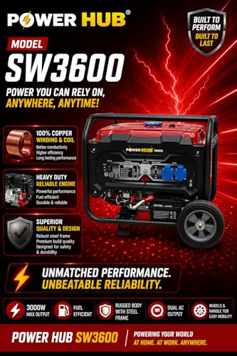 Image of POWER HUB SW3600-3000 Watts OR 3KW Powered Self Start Generator With Heavy Duty Engine|Home & Commercial Use|Petrol Generator|1 Year Warranty & Life Time Spares Supply