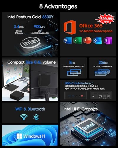 Image of Mini PC, 1 Year Office 365, Intel Pentium Gold 6500Y (up to 3.4GHz), 8GB RAM 256GB SSD, Windows 11 Desktop Computers for Home Office Business Students, Triple 4K Display via USB-C /HDMI /DP, WiFi, BT