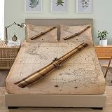 Sábana Bajera 90x190x30cm Mapa Estelar del Telescopio Ajustable Sábana Bajera - Alta Comodidad Tacto Suave Set Sábanas MarróN Vintage Sábana Bajera Microfibra para Niñas y Niños
