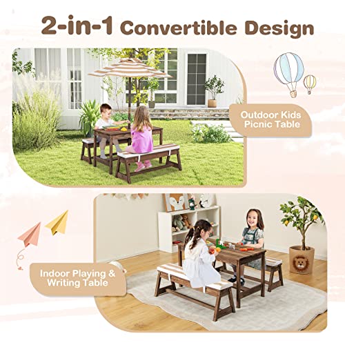 Table Pique-nique Enfant Qaba - Bois Sapin Avec Parasol Et Coussins Inclus