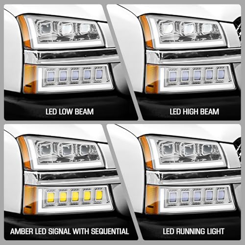 Image of DNA MOTORING Pair Full LED Projector Sequential Headlights Compatible with 03-06 Chevy Silverado 1500 2500 3500 1500HD 2500HD, Start-Up Sequential DRL, Chrome /Amber, HL-HP8-CSIL03-4P-CH-AM