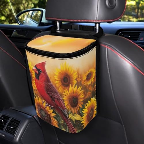 Image of Talayituse Cardinal Sunflower Print Car Trash Can Portable Auto Garbage Bin Multifunctional Vehicle Interior Accessories with Adjustable Straps Universal Fit Truck SUV Sedan