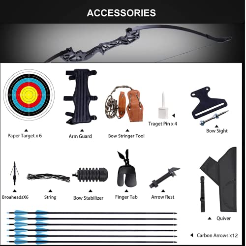 Furqery Recurve Bow And Arrow For Adults 12 Carbon Arrows Hunting Bow Set 62" 40Lbs Beginner Archery Longbows 12 Carbon Arrows Right Hand Target Practice Outdoor Training Takedown Bows Kit #TOP4