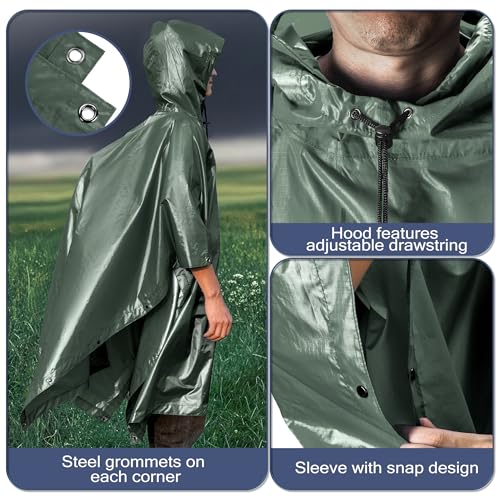 Sensong Regenponcho Wasserdicht Regencape mit Kapuze Multifunktionales Regenmantel Wiederverwendbar Regenkleidung Faltbare Ripstop Damen Herren für Wandern Jagd Camping Angeln Täglichen Gebrauch Grün