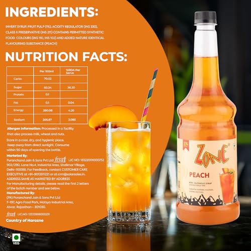Image of Zone Peach Flavoured Syrup 1000ml - Juicy Peach Flavoured syrup for Mocktails, Iced Teas, Coolers, Smoothies & Summer Drinks |1 Litre - More Servings, Perfect For Cafe Restaurants & Professional Use