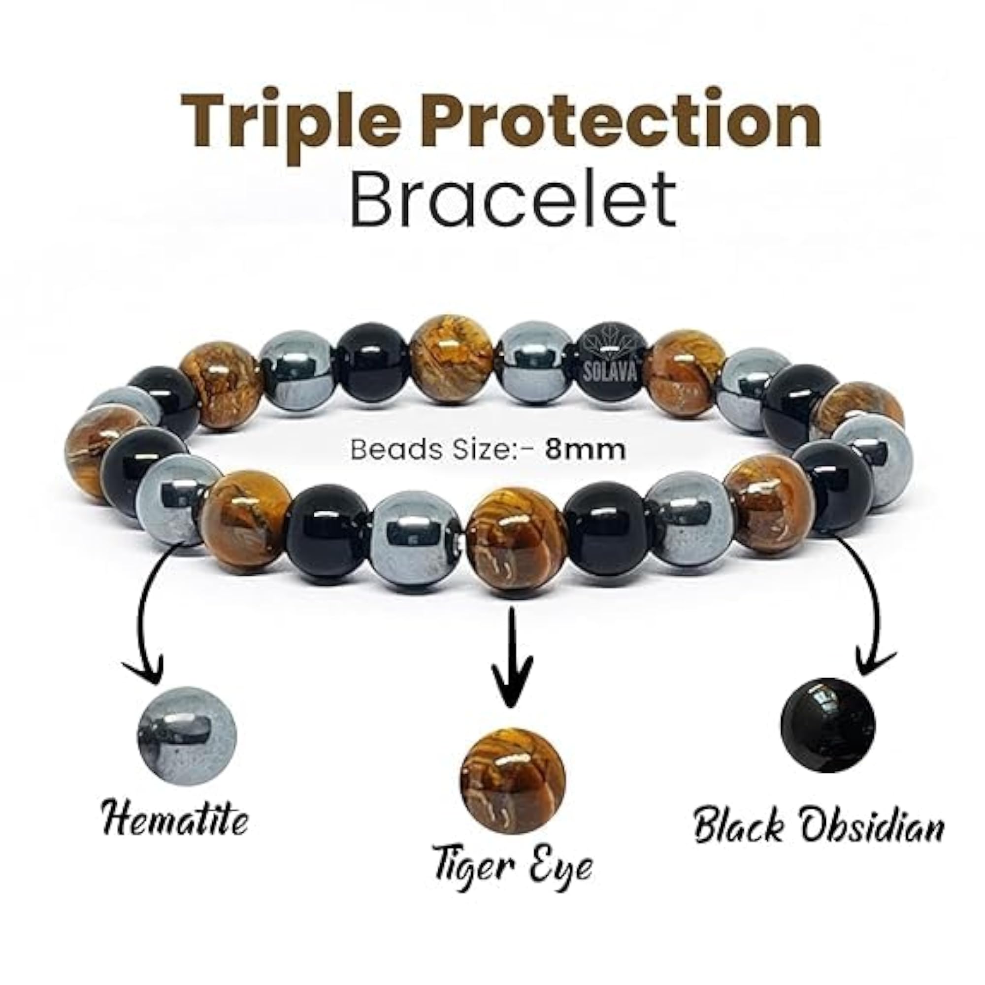 Natural Stone Bracelet with Lab Tiger Eye, Hematite & Obsidian