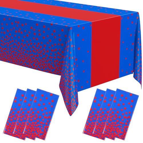 Image of Oudain 6 Pcs Red and Blue Disposable Plastic Tablecloth for Parties, Rectangle Waterproof Dot Table Cover for 4th of July Independence Day Spider Barcelona Theme Party Decorations, 54 inch x 108 inch