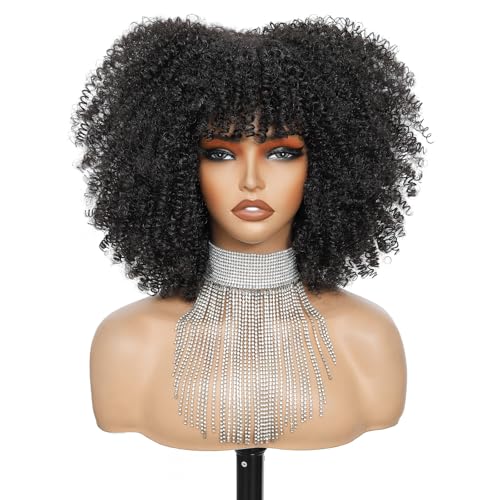 Charming cascade Afro Bomb Curly Wig with Bangs, Synthetic Fiber