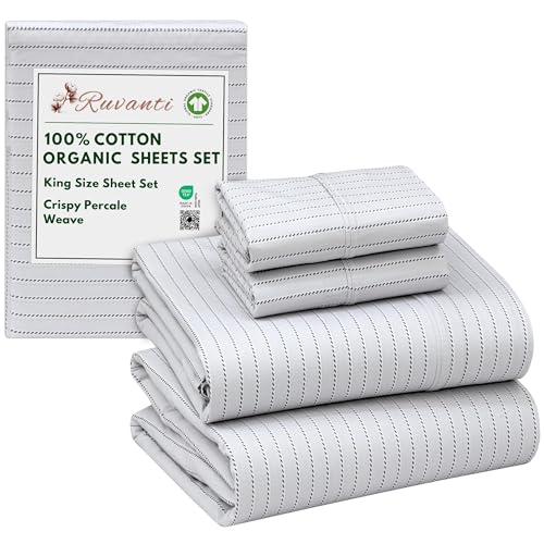 RUVANTI 100% Organic Cotton Sheets King Size, Percale Weave, GOTS Certified, 4-Piece Set, Deep Pocket 15", Crisp & Breathable, Soft Durable Bedding, Sabanas Algodon Organico  Construction Line