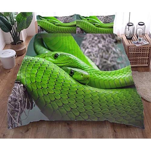 JGTQ Bettwäsche Set Kinder 135x200cm Weiße Schlange 3D Bettbezug Set Microfaser weiche Flauschige Bettdeckenbezug mit Reißverschluss und 2 Kissenbezug 80x80cm 6 Bettwäsche Set Grüne Schlange Bettbezug Und Kissenbezug Mikrofaser 3D Digital Print Dreiteiliger 135×210Cm