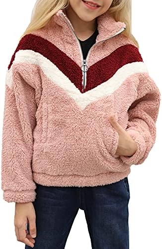 Dokotoo Girls Cute Fall Tops Cute Color Block Sweaters Long Sleeve 1/4 Zip High Neck Fleece Fluffy Fuzzy Sweatshirts for Teen Girls Kids Hoodies Warm Soft Cozy Sherpa Pullovers with Pockets Pink L