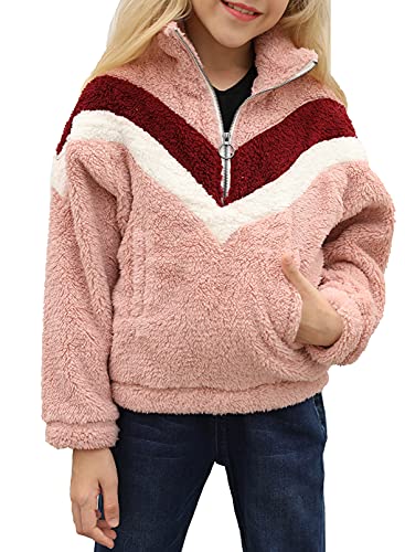 Dokotoo Girls Cute Fall Tops Cute Color Block Sweaters Long Sleeve 1/4 Zip High Neck Fleece Fluffy Fuzzy Sweatshirts for Teen Girls Kids Hoodies Warm Soft Cozy Sherpa Pullovers with Pockets Pink L