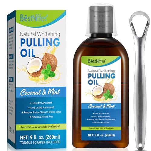 Coconut and Mint Infused Whitening Pulling Oil (9FL.OZ) 260ML – Natural Teeth Whitening & Fresh Breath Solution with Tongue Scraper