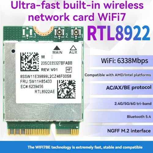 Carte WiFi 7 RTL8922AE M.2 pour PC portable et fixe avec Bluetooth 5.4 - 6