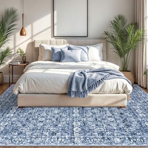 8x10 Area Rug Blue, Vintage Floral Large Washable Rug for Living Room Non-Slip Ultra Soft Bedroom Rug Tribal Traditional Farmhouse Carpet for Dining Room Office Home Décor