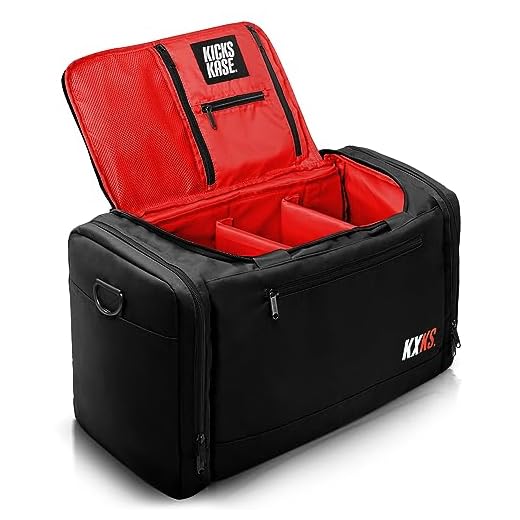 KXKS. (Kicks Kase) Premium Sneaker Bag & Travel Duffel Bag - 3 adjustable compartment dividers - For shoes, clothing and gym (Black/Red)