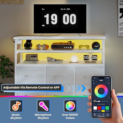 Image of DUMOS TV Stand for Up to 45 inch TV, Entertainment Center with Remote or App-Controlled LED Lights & Charging Station, Media Console Table with 6 Fabric Drawers, 2 Shelves for Living Room, White