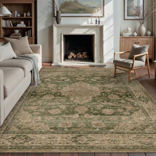 PureCozy Vintage Teppich Wohnzimmer 200x300cm Grün Schlafzimmer Wohnzimmerteppich Waschbarer rutschfest Carpet Boho Bettvorleger Esszimmer BüRo Weich Kurzflor Groß Teppiche