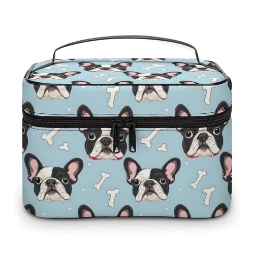 Grande borsa da viaggio in pelle, organizer da viaggio con stampa di bulldog francese, borsa da toilette per donne, custodia per la cura delle unghie, organizer per trucchi con scomparti per pennelli
