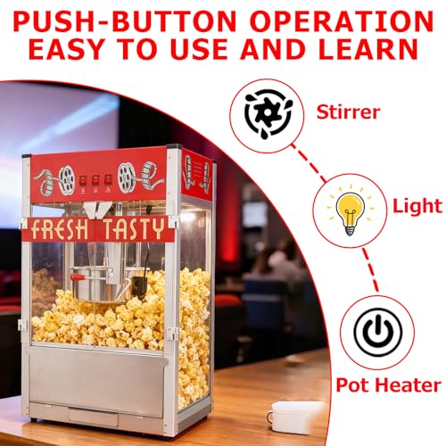 Image of Commercial Popcorn Machine With 36 OZ Kettle- Countertop Popcorn Machine for Theater Style, Stainless Steel, 3-Switch Control, for Business, School, Corporate,Institutional, Movie, Home use, Red